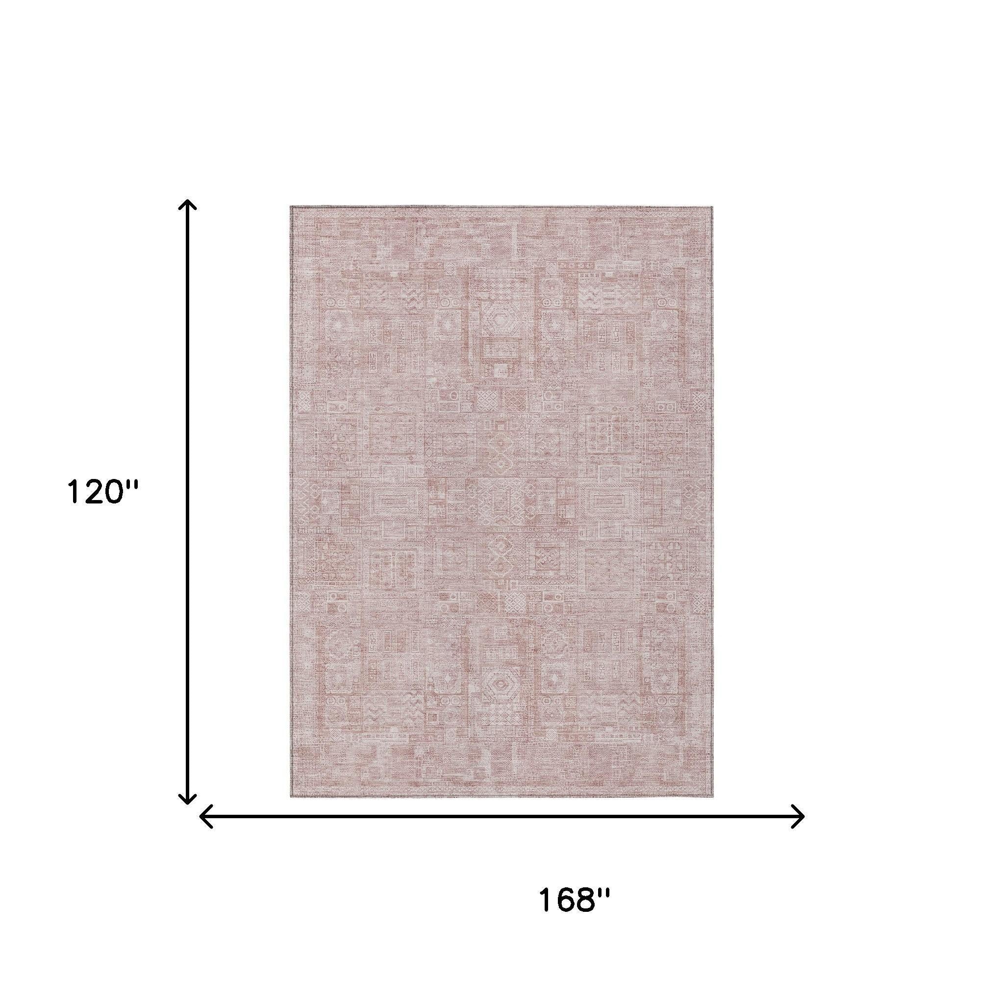 10' X 14' Pink And Tan Oriental Washable Indoor Outdoor Area Rug - Sports & Outdoor