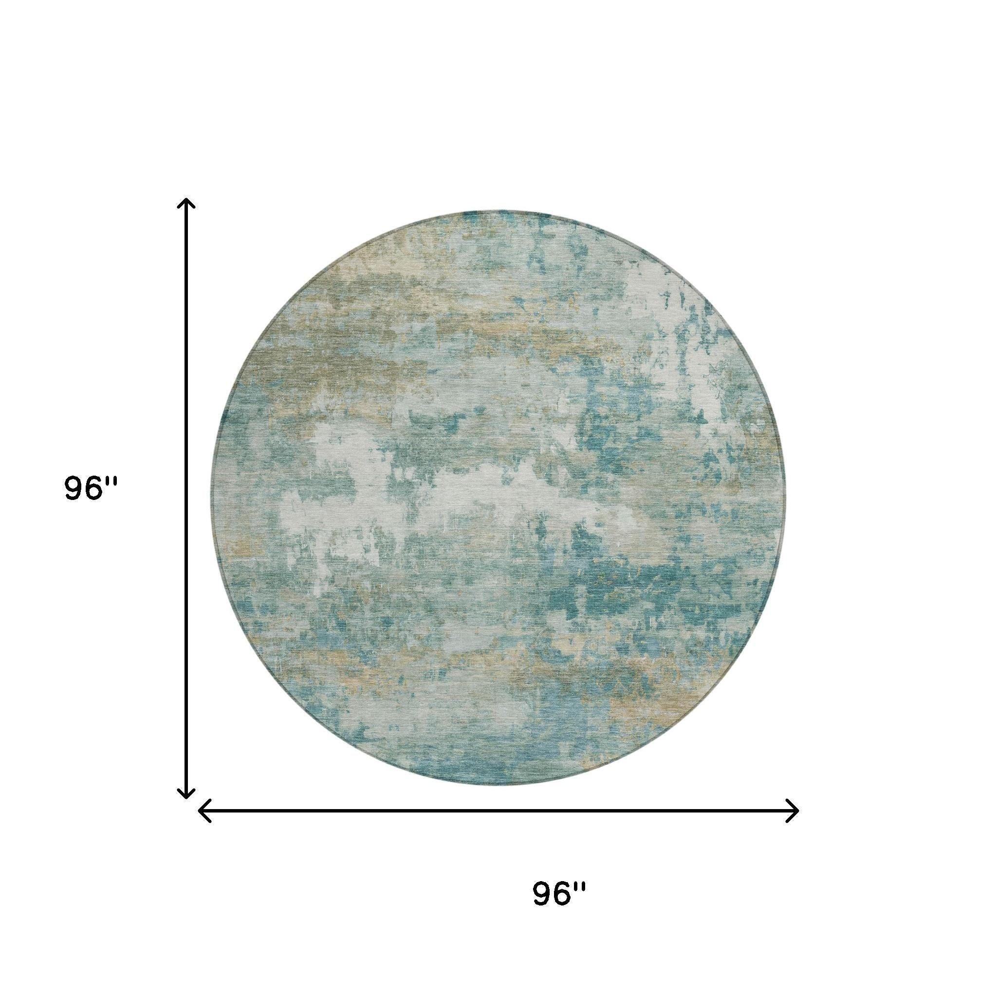 Round 96" area rug in soft blue and beige tones, featuring a distressed texture for a modern, stylish look.