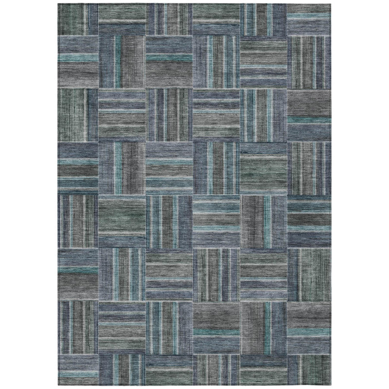 Teal blue and graphite geometric area rug with patchwork rectangle blocks