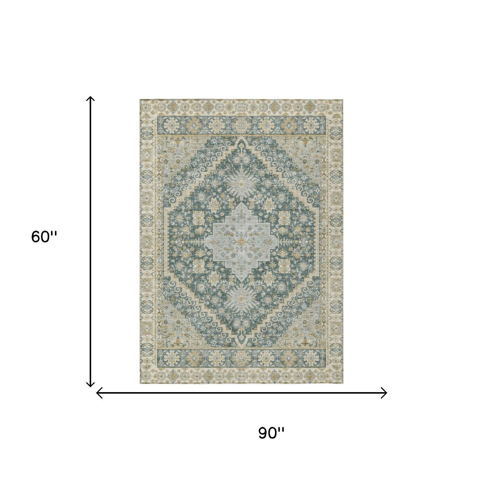 5' X 8' Fern Green And Green Oriental Washable Indoor Outdoor Area Rug - Sports & Outdoor