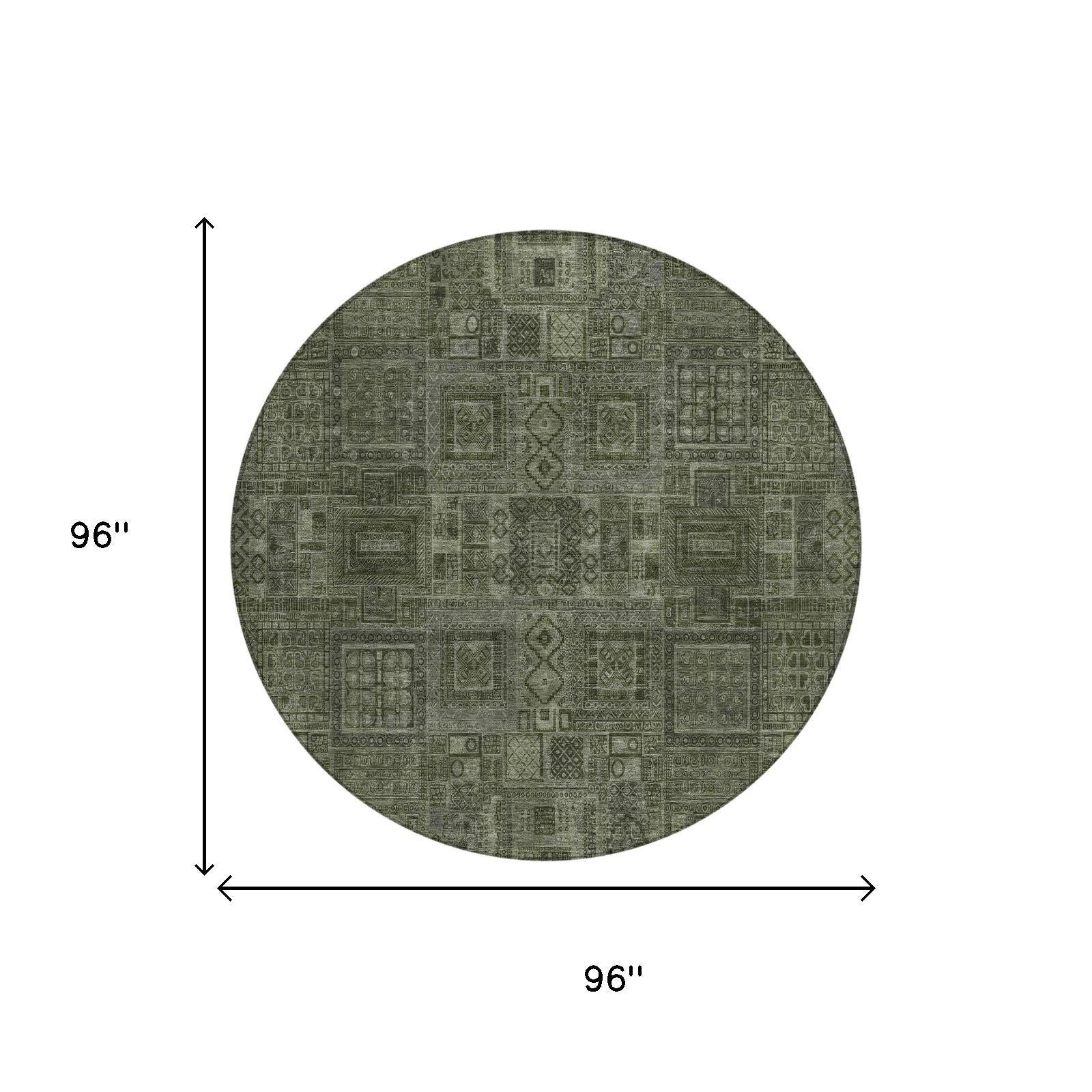 8' Green And Chocolate Round Oriental Washable Indoor Outdoor Area Rug - Sports & Outdoor