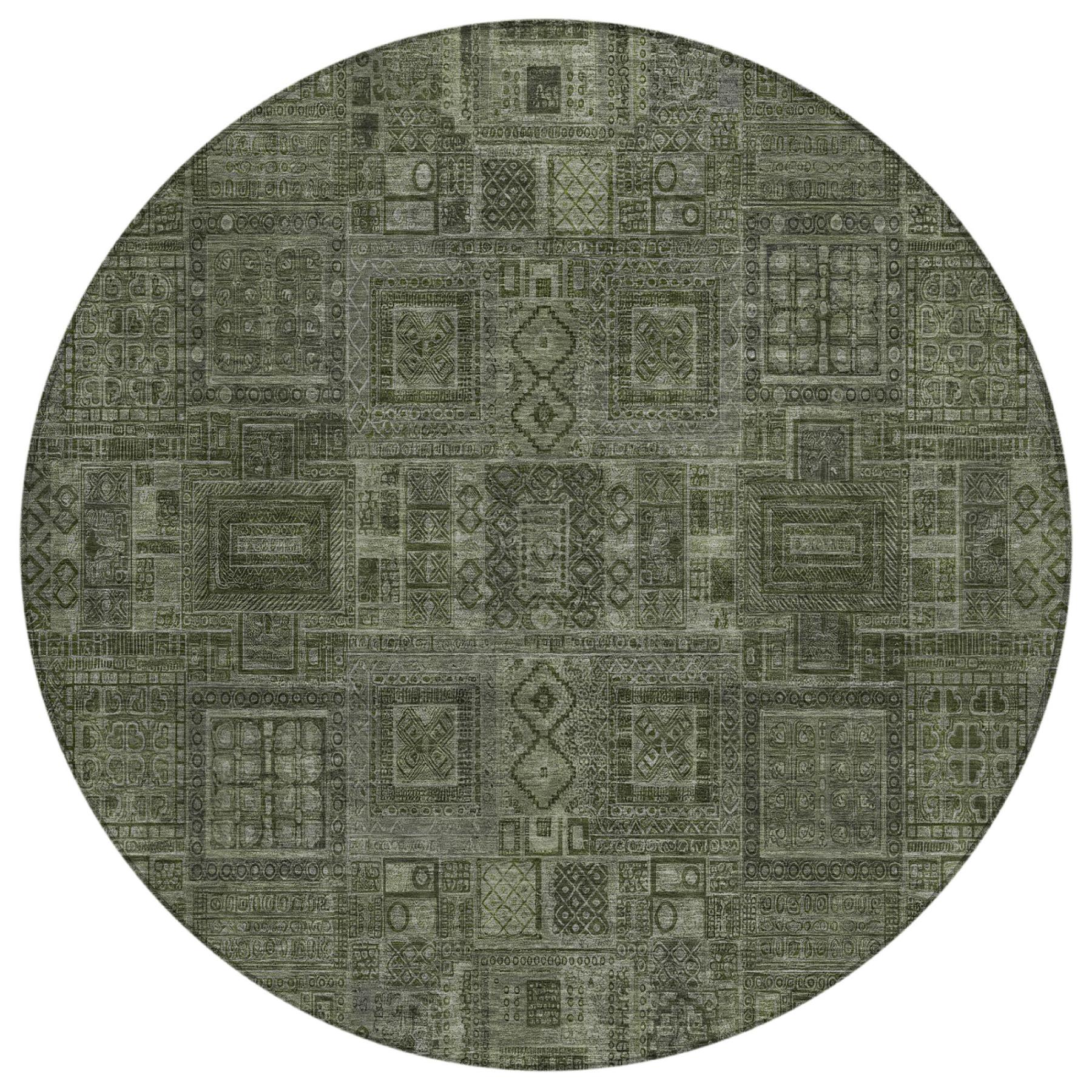 8' Green And Chocolate Round Oriental Washable Indoor Outdoor Area Rug - Sports & Outdoor