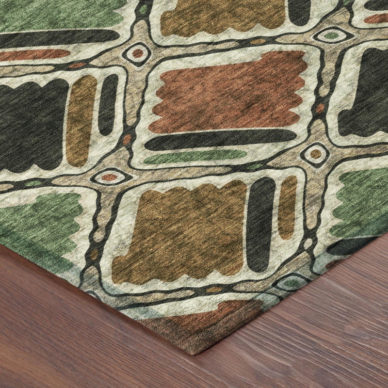 Geometric round area rug with abstract multicolor blocks, shown from a corner edge