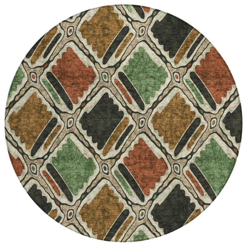 Round geometric washable indoor/outdoor area rug with multicolor abstract block pattern