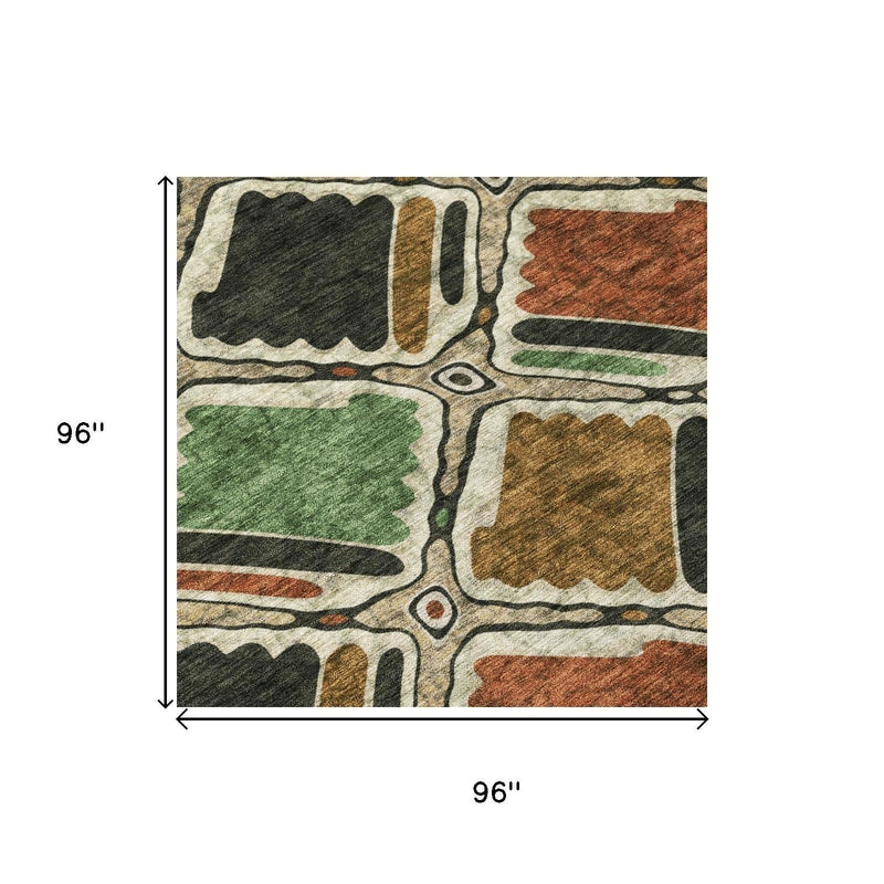 96-inch round geometric area rug, multicolor abstract blocks pattern, washable indoor/outdoor