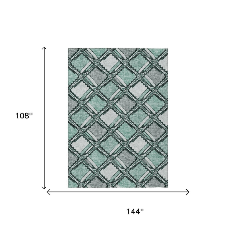Area rug dimensions 144 x 108 inches, teal and aqua geometric pattern