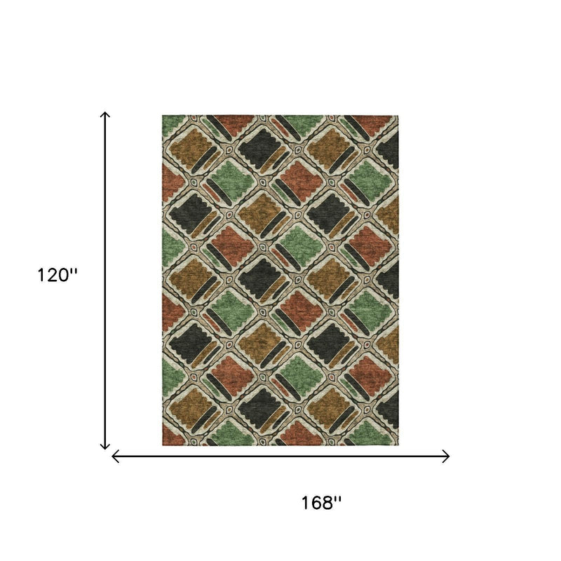 120 by 168 inch indoor outdoor area rug with geometric tile pattern in green and orange