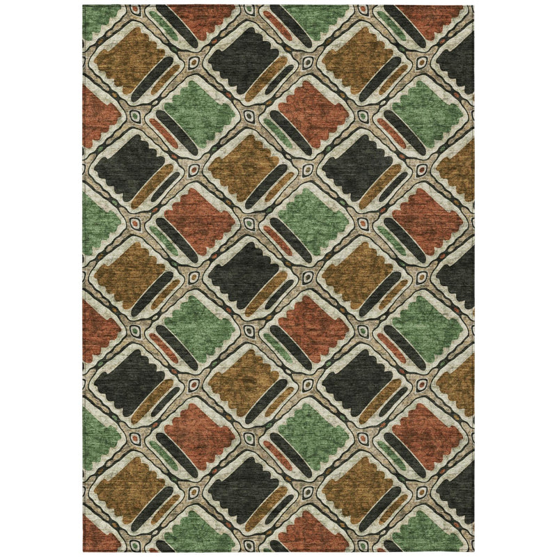 Indoor outdoor area rug with diamond lattice geometric design in green, orange, and dark