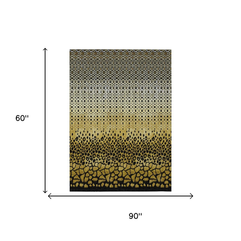 Gold geometric area rug, 60" x 90", dark animal-print border