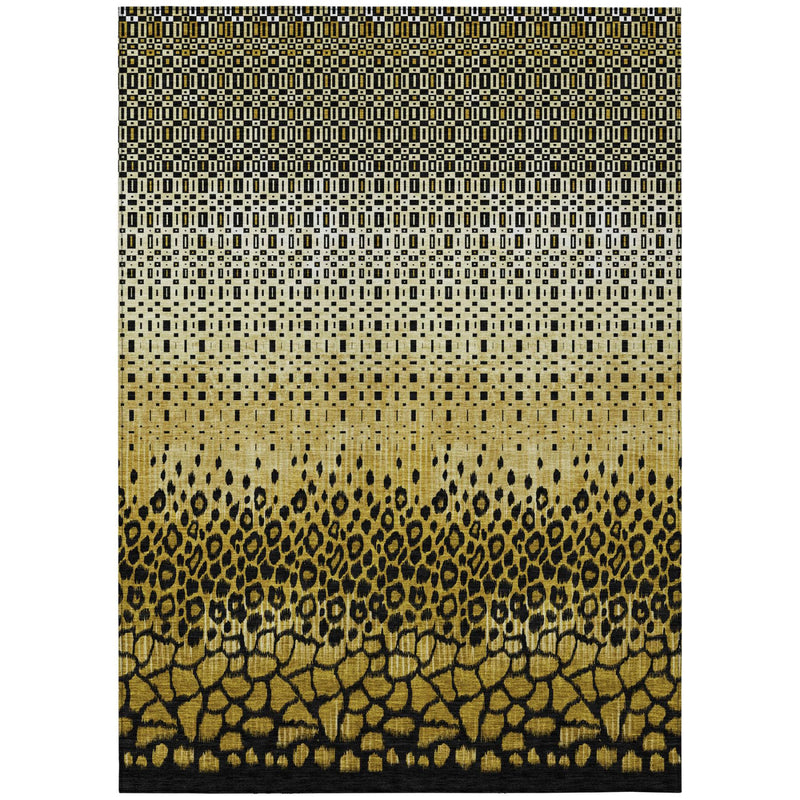 Rectangular gold rug with top grid pattern, mid diamonds, and black animal print base