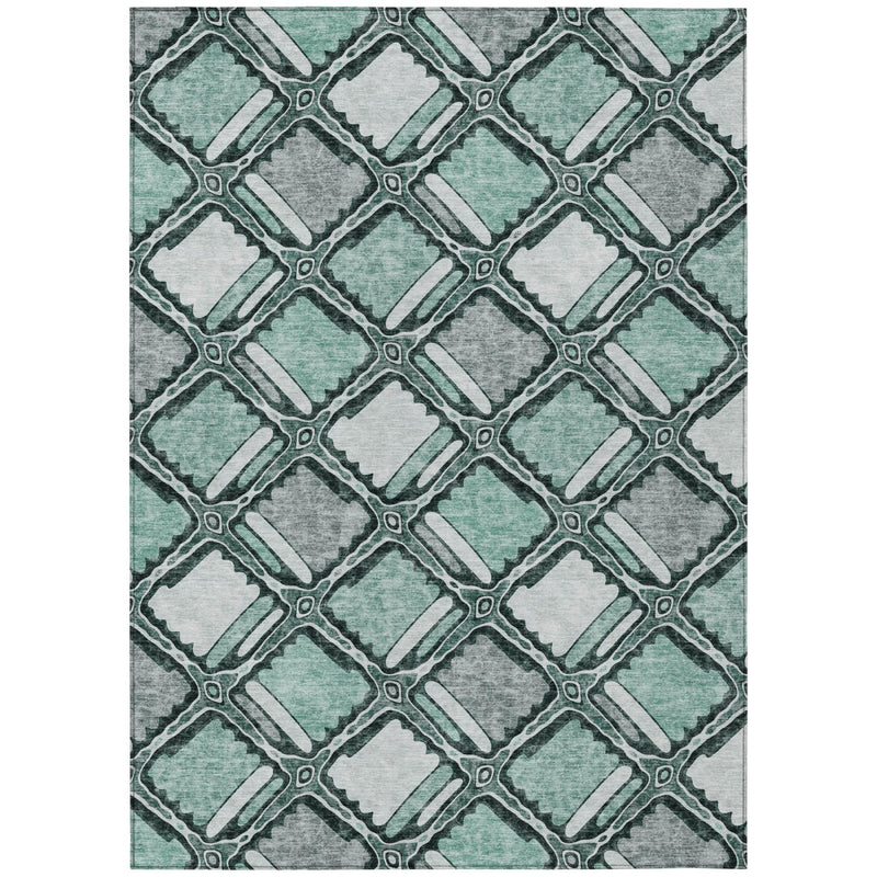 Aqua and teal geometric wash indoor outdoor area rug with connected diamond chain pattern