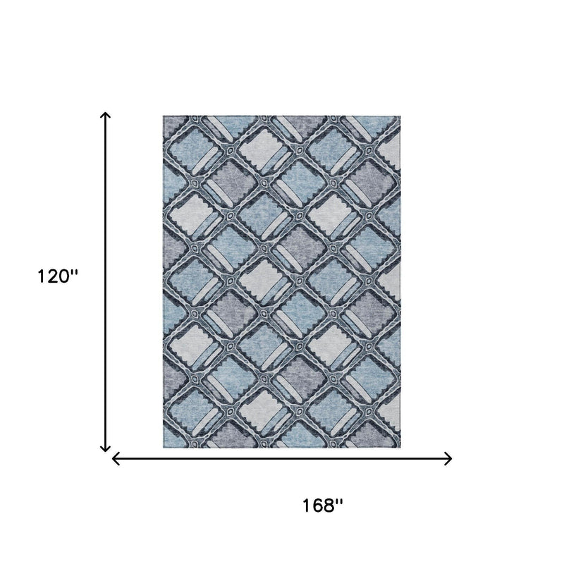 Blue geometric washable area rug with size arrows, 168 in x 120 in