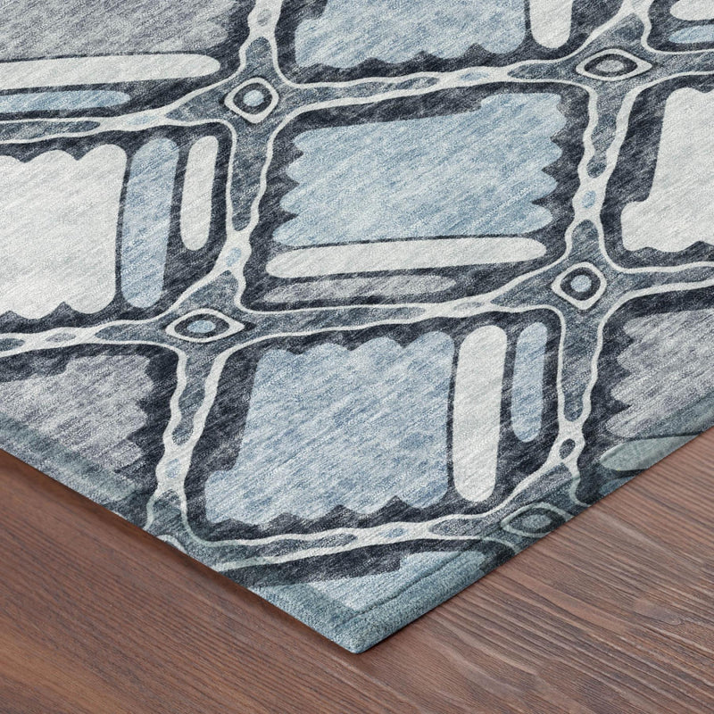 Blue and gray geometric area rug texture with connected diamond pattern