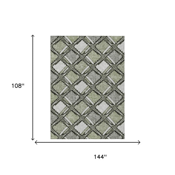 Sage and green geometric area rug with repeating lattice pattern, washable indoor/outdoor
