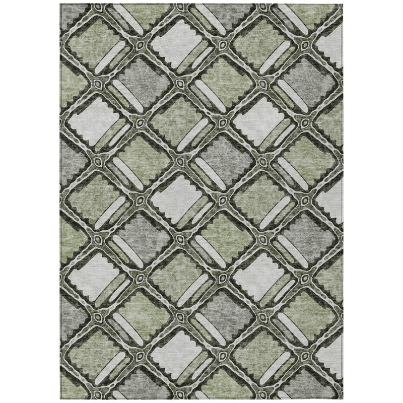 Sage and green geometric area rug with overlapping diamond motif, textured look