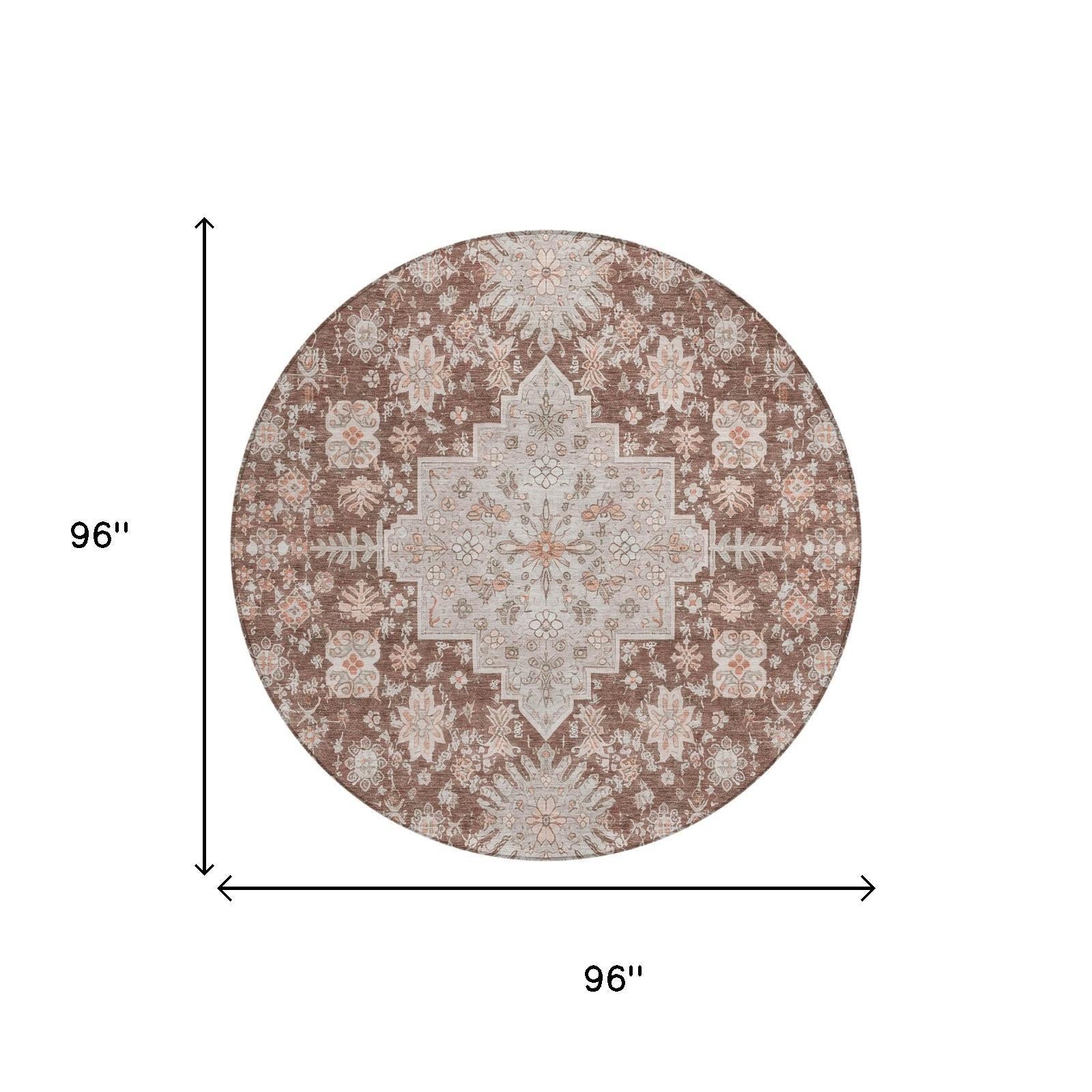 8' Orange And Beige Round Oriental Washable Indoor Outdoor Area Rug - Outdoor | blocked-missing-media,…