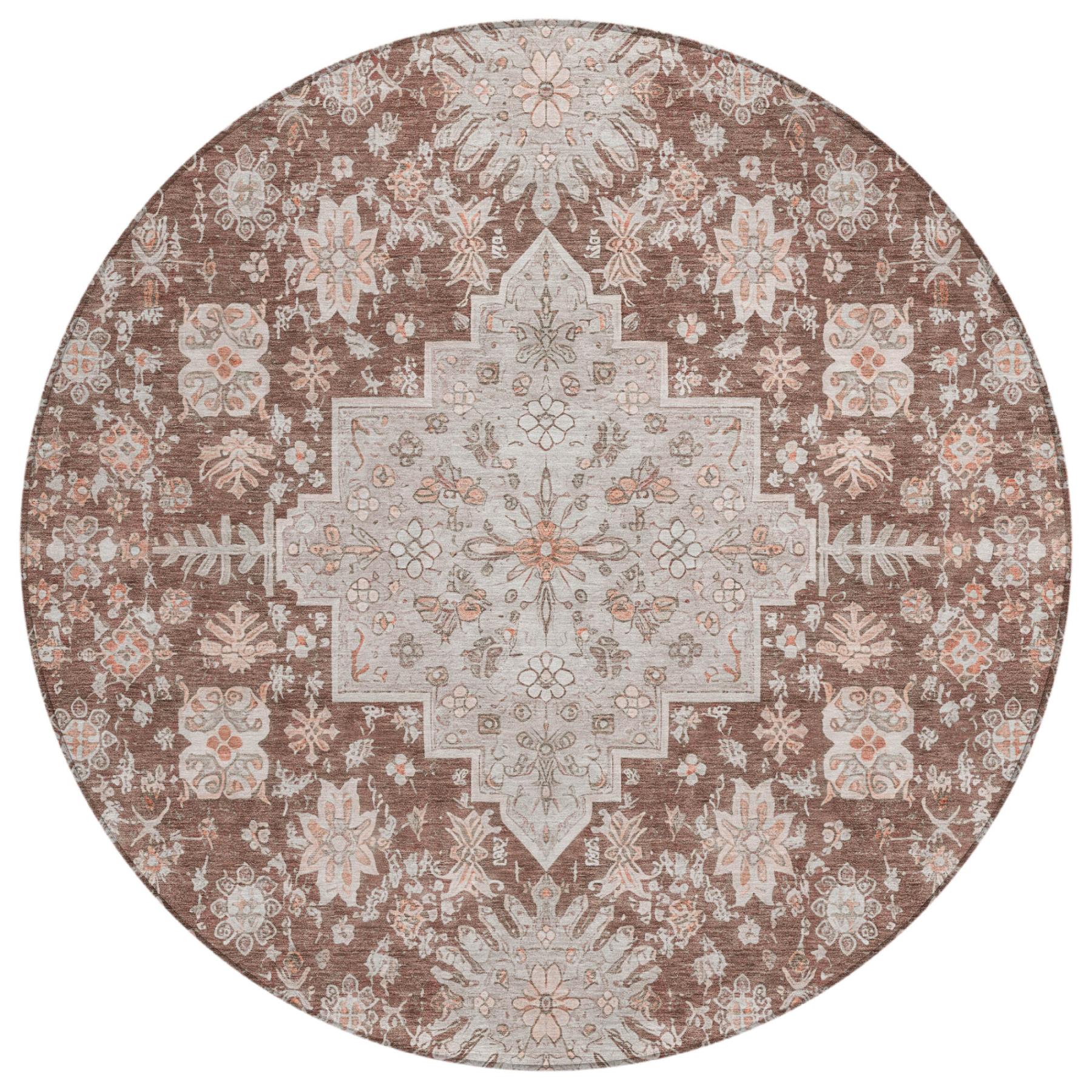 8' Orange And Beige Round Oriental Washable Indoor Outdoor Area Rug - Outdoor | blocked-missing-media,…