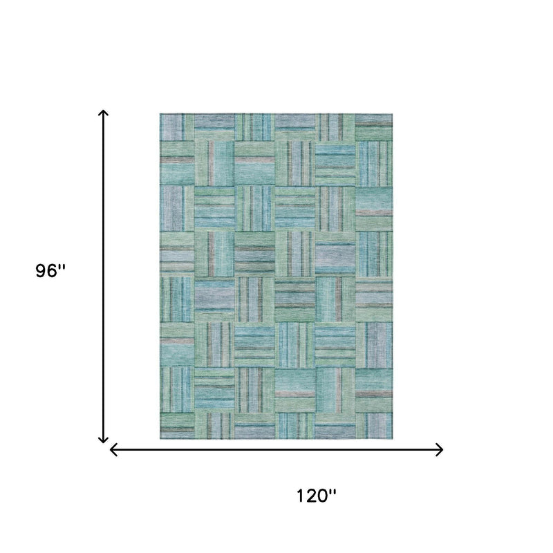 Teal and aqua geometric rectangular area rug, 8 ft by 10 ft