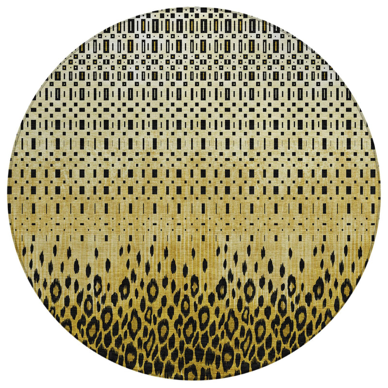Round area rug featuring gold, black, and cream geometric grid with leopard pattern bands.