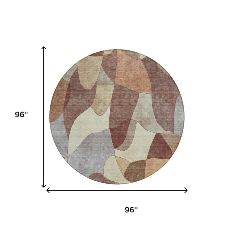 Round abstract area rug, 96 in diameter, geometric patchwork in beige, gray, rust