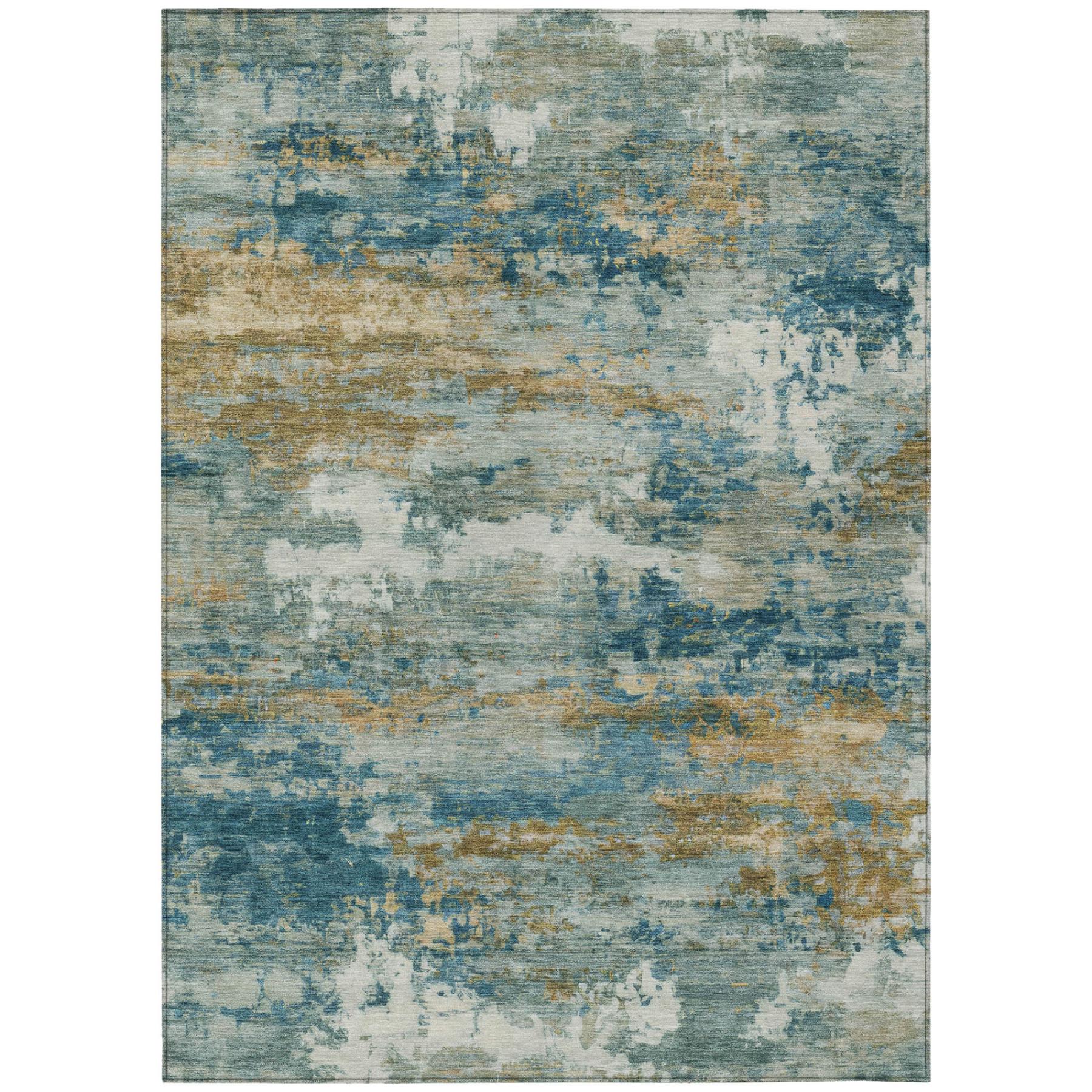Abstract blue and gold area rug in soft, durable polyester, adding modern elegance to any space.