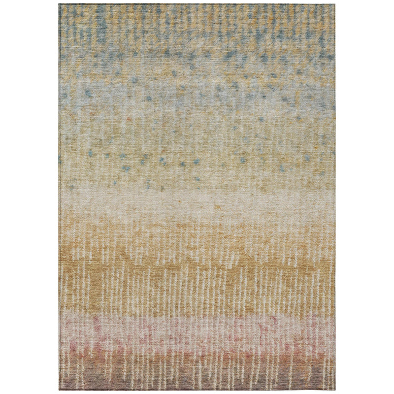 Wheat, blue, and rust abstract area rug with flat woven, washed texture