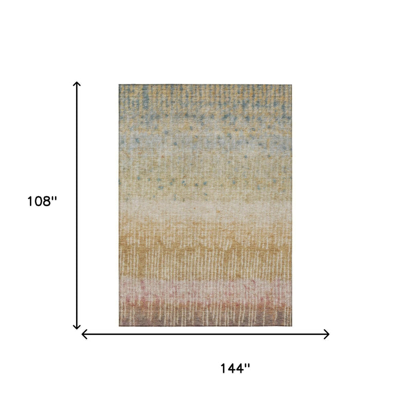 Abstract area rug in wheat, blue, and rust with flat woven, washed texture