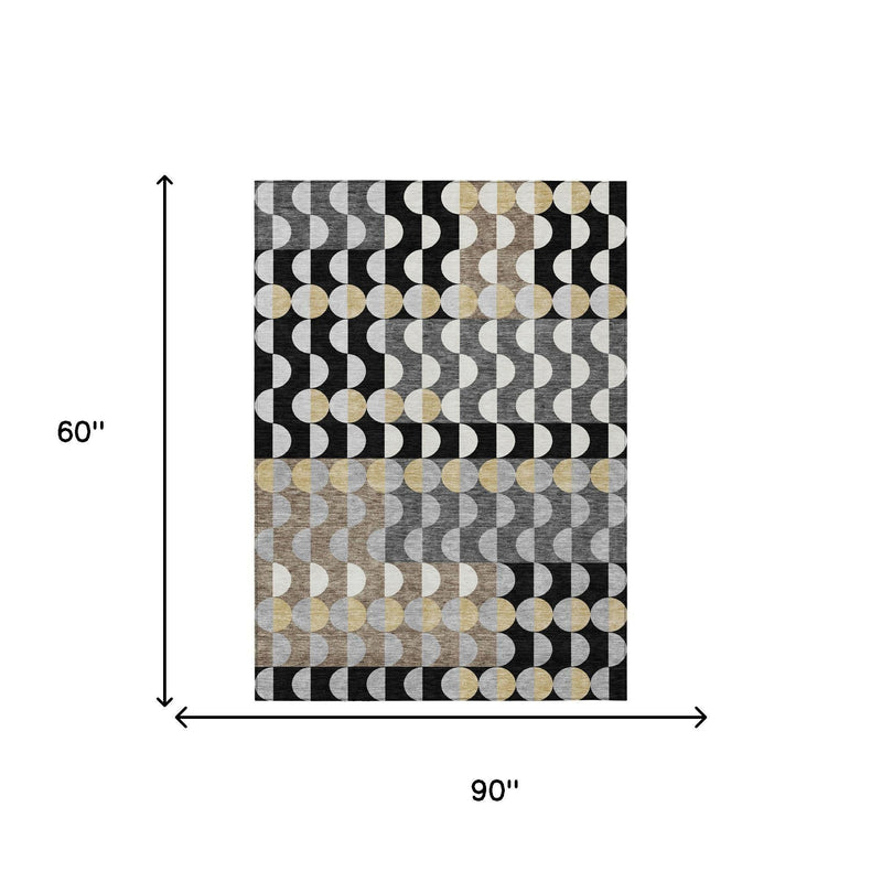 60 in x 90 in geometric area rug: black base with repeating circle pattern in gray