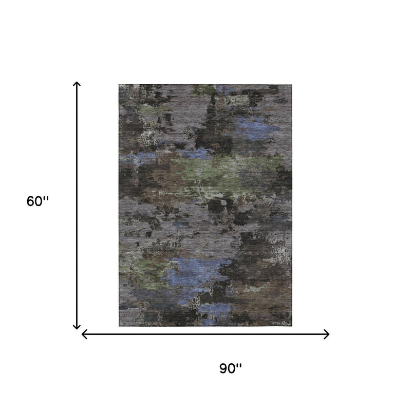 Rectangular area rug size diagram: 5 x 8 ft, abstract distressed pattern in gray and blue.