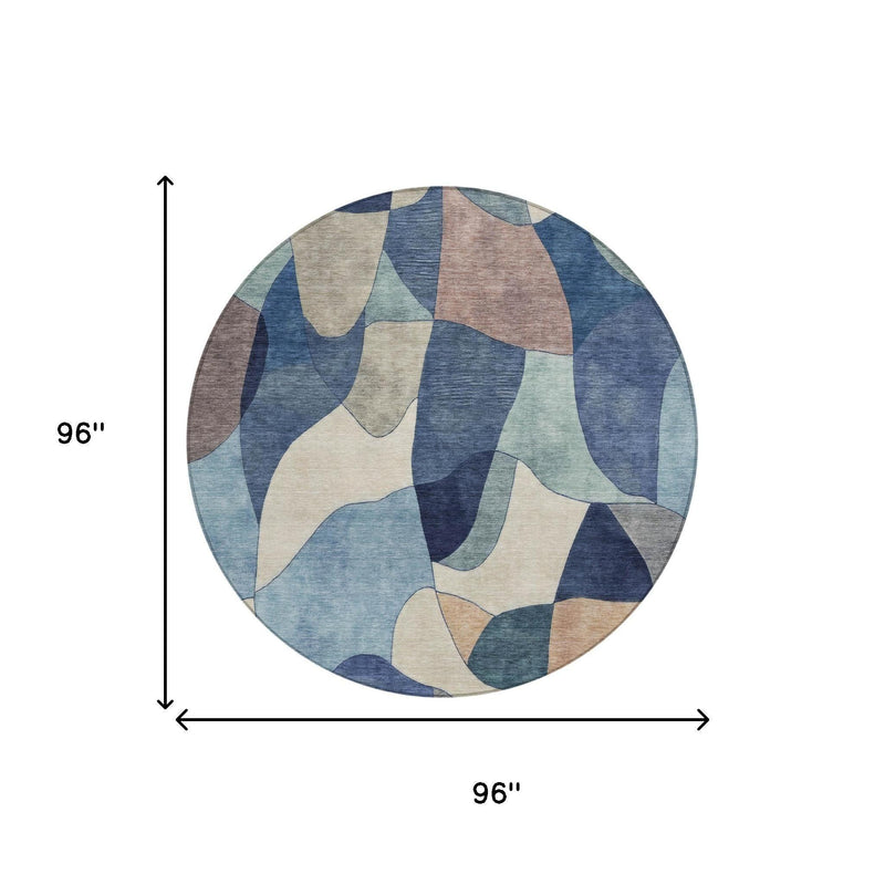 Round rug diagram showing 96 in by 96 in dimensions and abstract blue pattern