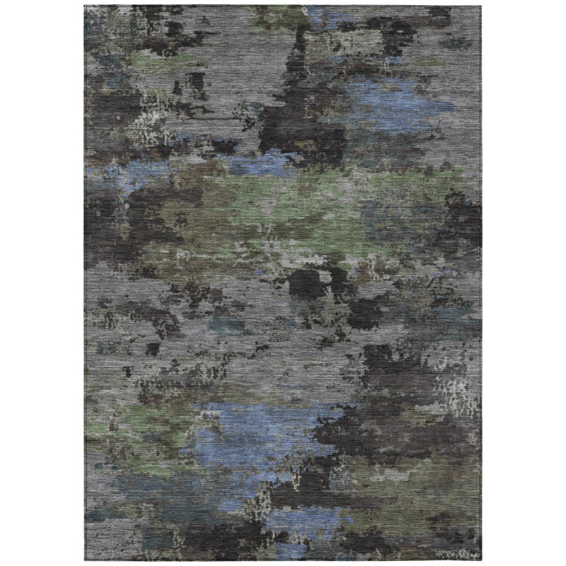 Full view of rectangular abstract area rug with gray, blue, and green speckled texture