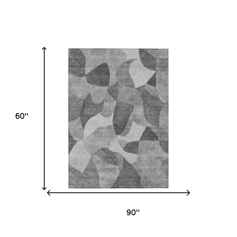 Gray and silver abstract area rug size diagram: 5' x 8' (60 in x 90 in)