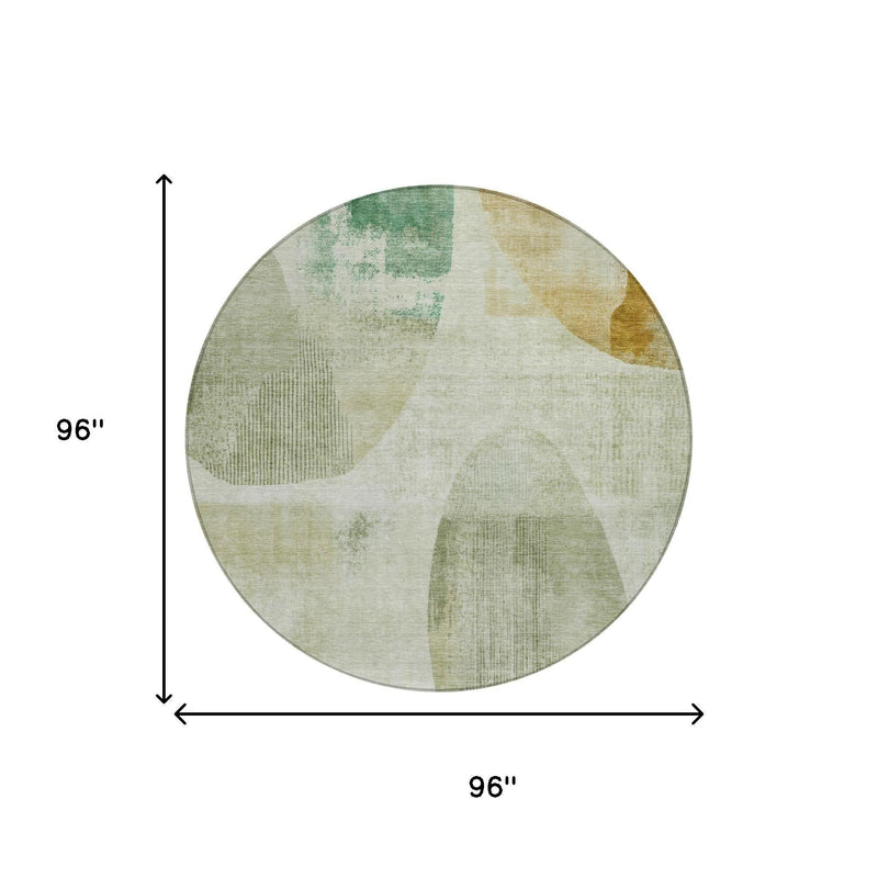 Round area rug with green and ivory abstract pattern, 96 in diameter
