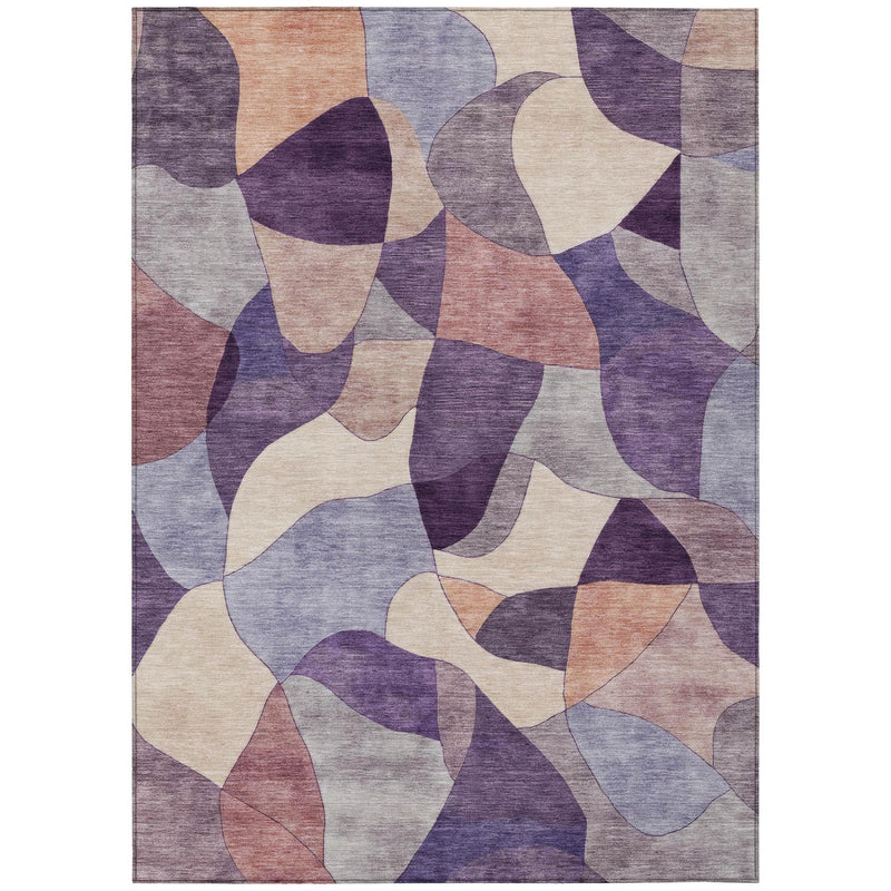 Abstract rectangular area rug with layered purple, blue-gray, beige, and rust shapes