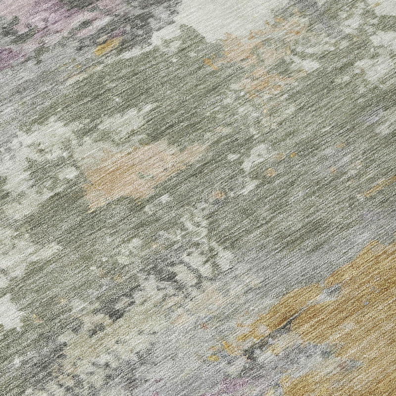 Close-up of abstract rug texture in sage green and light gray with purple and gold specks