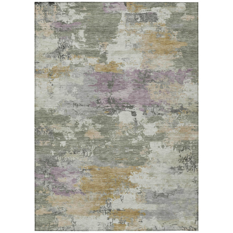 Abstract area rug with distressed texture in light gray, sage green, purple, and gold