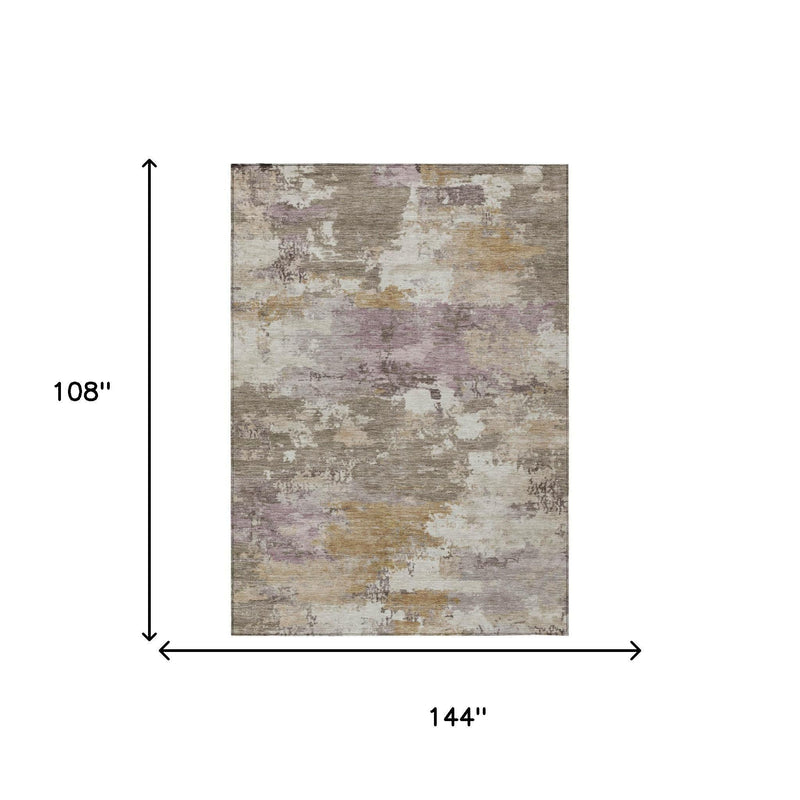 Taupe and brown abstract rectangular area rug with gray and muted purple tones
