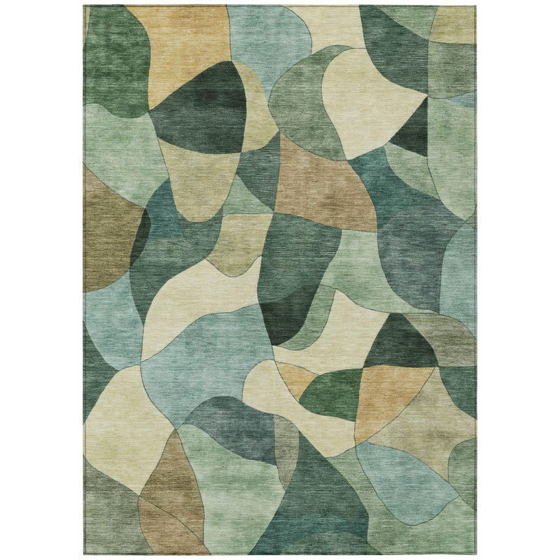 Rectangular abstract rug with overlapping green, teal, and beige forms