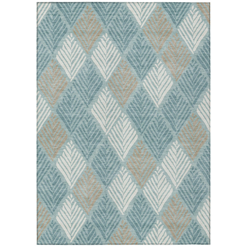 Teal blue and silver geometric diamond area rug, square top view