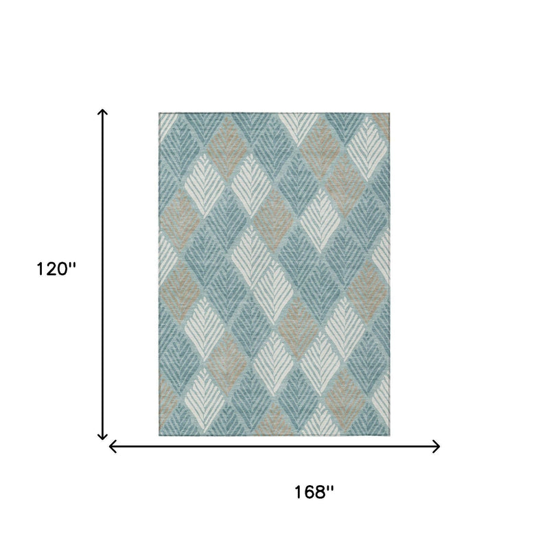 Teal blue and silver geometric area rug, 168 in by 120 in diagram