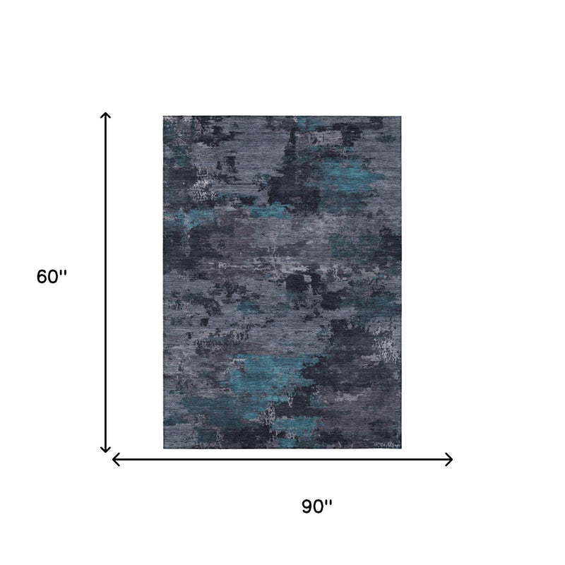 Abstract rug, graphite with teal-blue pattern; 90 in x 60 in size diagram.