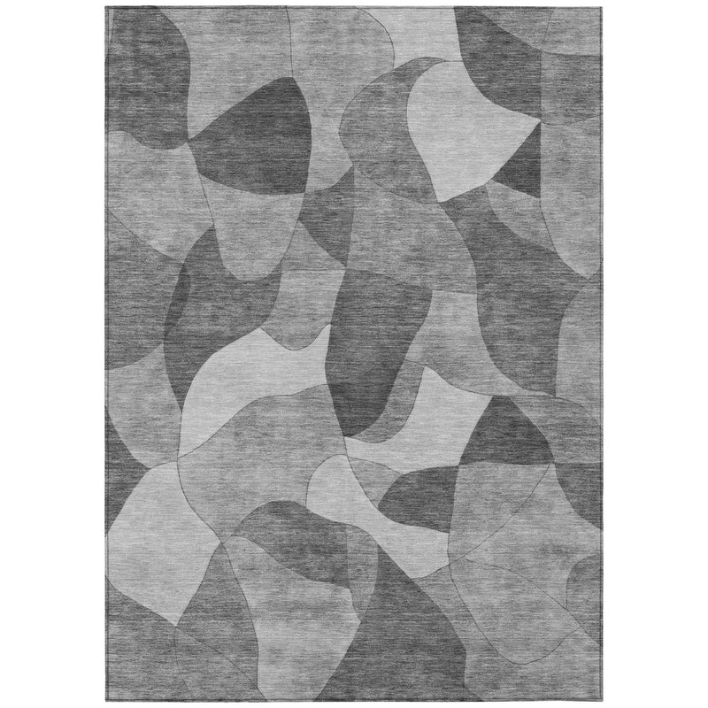 Gray and silver abstract area rug with irregular geometric blocks, full view