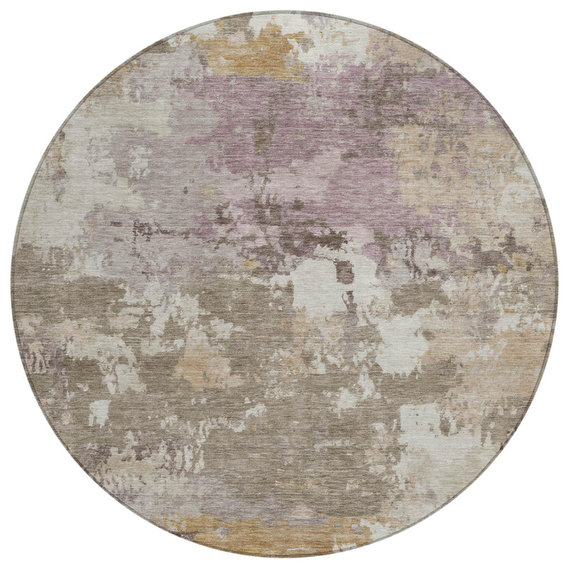 Round abstract rug with light taupe base and muted purple, brown, gray streaks