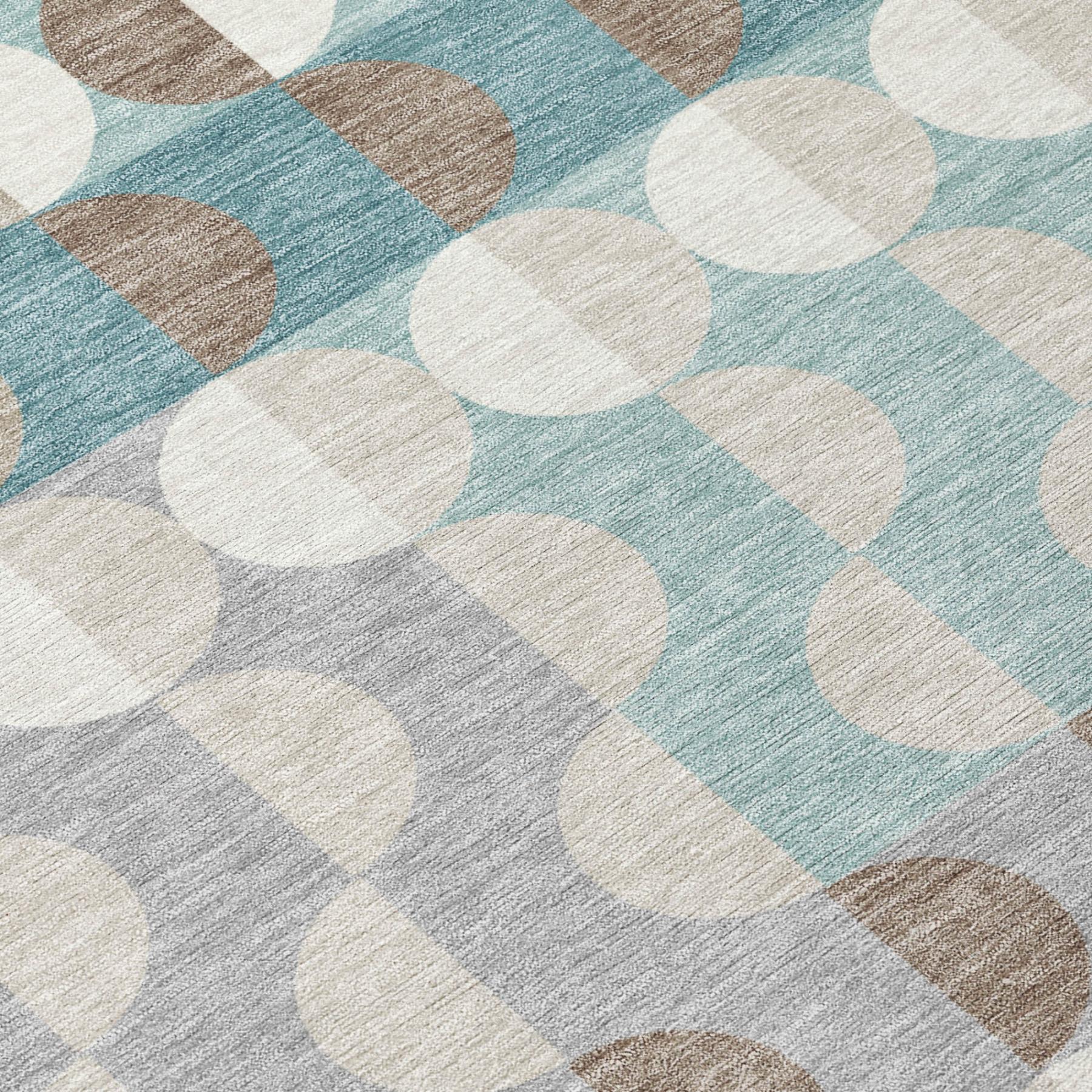 8' Teal Blue And Silver Round Geometric Washable Indoor Outdoor Area Rug - Outdoor | blocked-missing-media,…