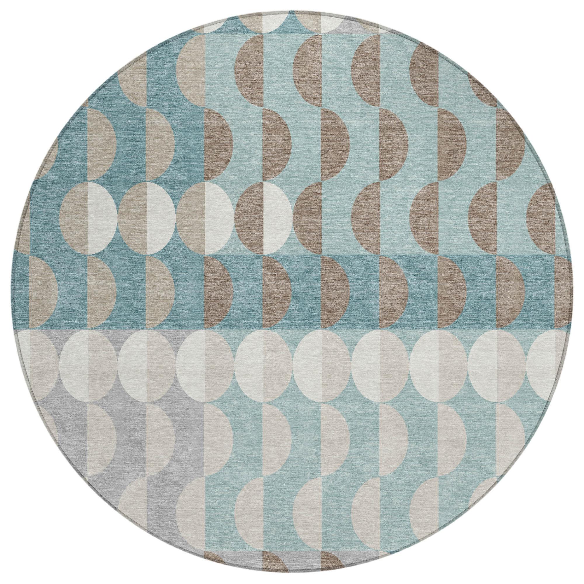 8' Teal Blue And Silver Round Geometric Washable Indoor Outdoor Area Rug - Outdoor | blocked-missing-media,…