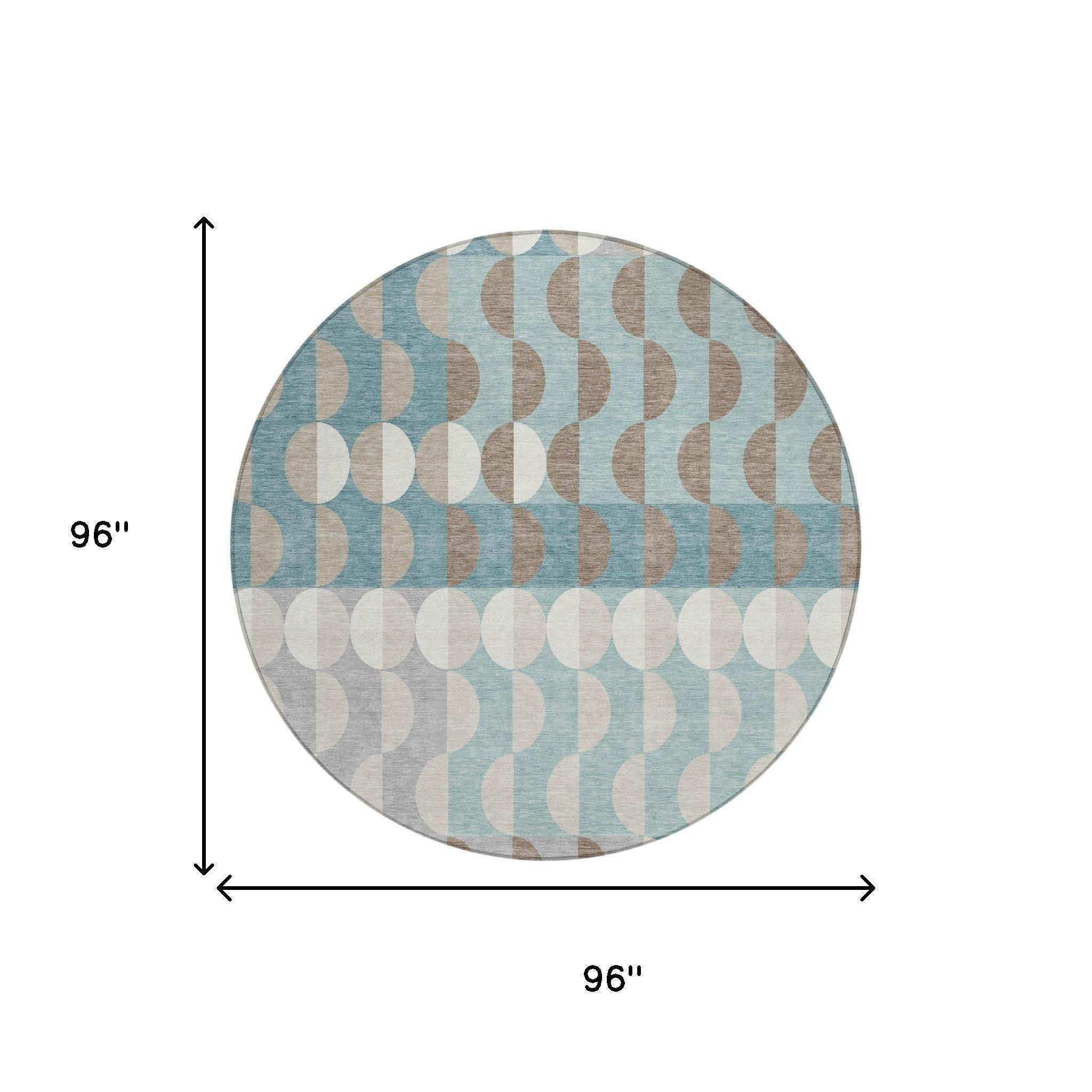 8' Teal Blue And Silver Round Geometric Washable Indoor Outdoor Area Rug - Outdoor | blocked-missing-media,…