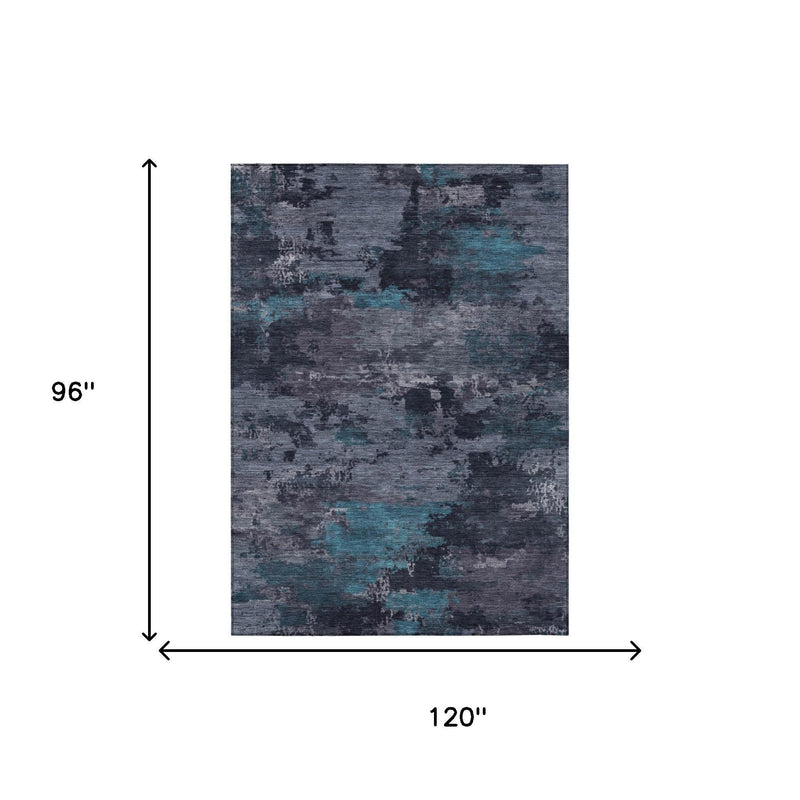 Rectangular abstract area rug, 96 in by 120 in, teal blue and graphite distressed pattern