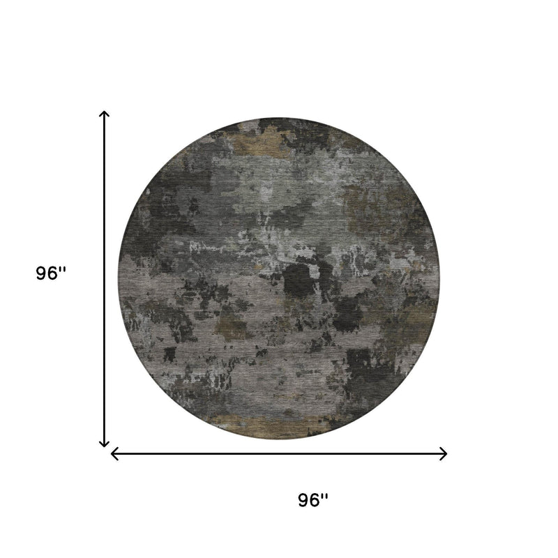 Round abstract area rug, gray pewter pattern with tan speckles, 96 in