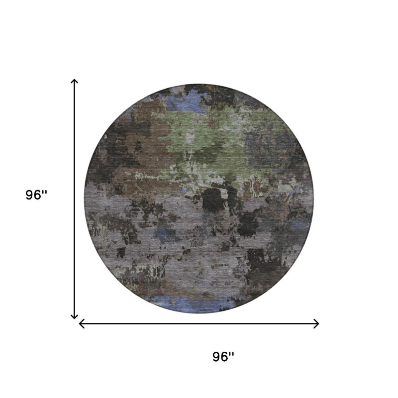 Round abstract area rug, gray with blue and green distressed pattern; 96 in diameter.