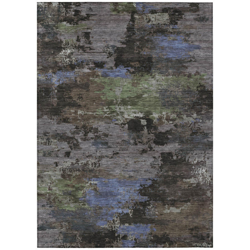 Rectangular abstract washable area rug in gray with blue and green accents